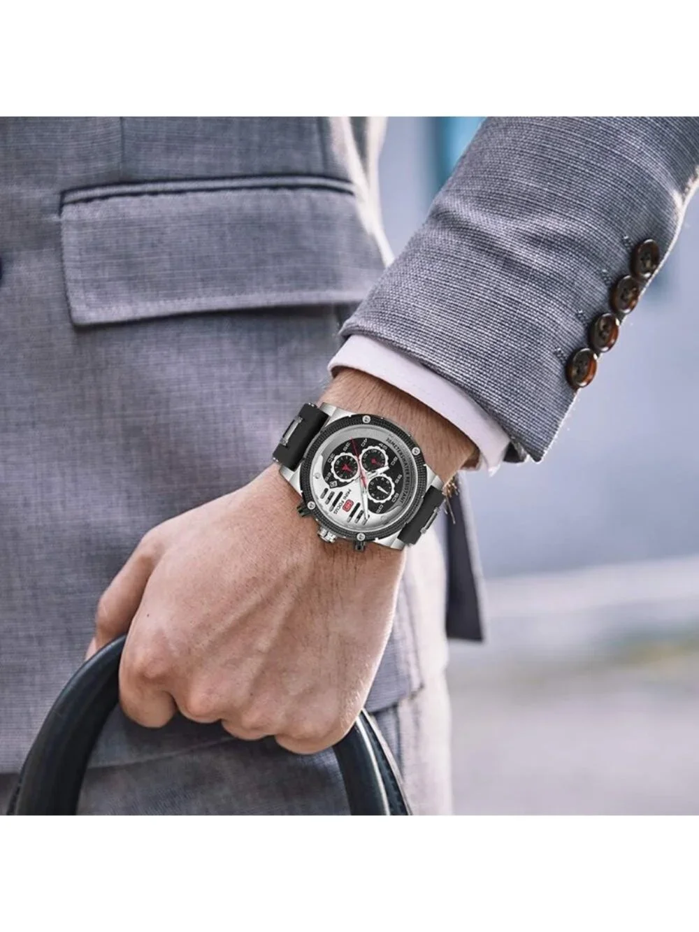 Men's Silver Black Chronograph Waterproof Sport Military Analog Quartz Watch